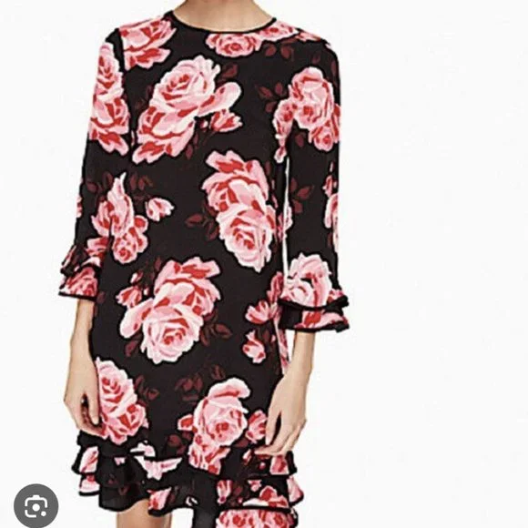 Kate Spade pink black Rambling Roses Rosa Ruffle Shift Dress size large nwot - Picture 2 of 16
